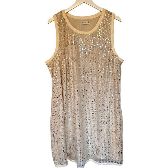 Calvin Klein Size 10 Cream Gold Sequin Tank Mini Dress Cocktail Party Birthday - Picture 1 of 10